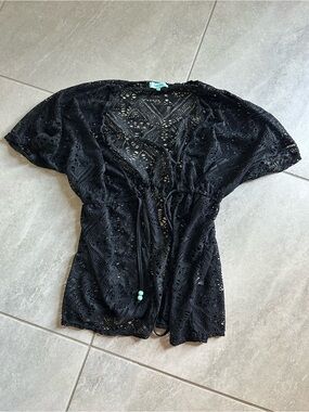 Black Crochet Swim Cover-Up with Drawstring
